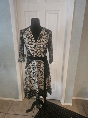 Taylor Black and White Floral Wrap Midi Dress